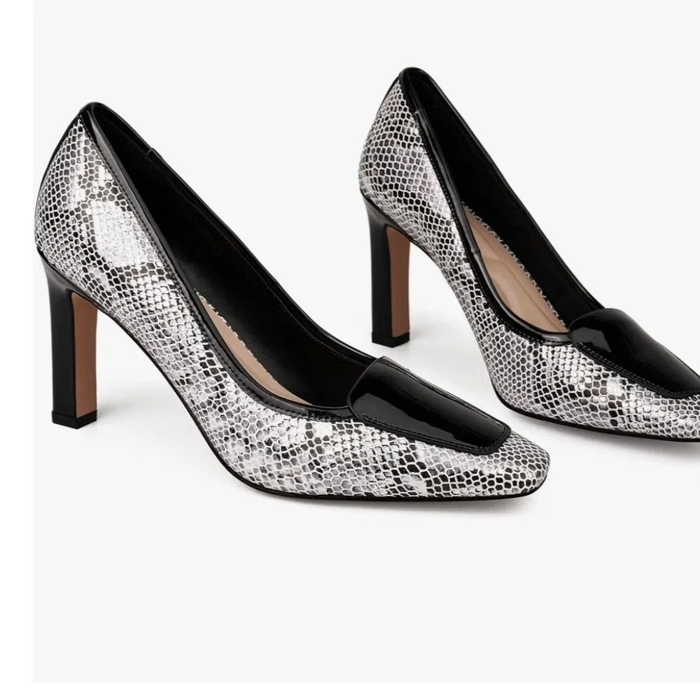 Clmhoe Pumps Women 10M Silver Snakeskin Patent Square Toe Block Heel Chic 10M